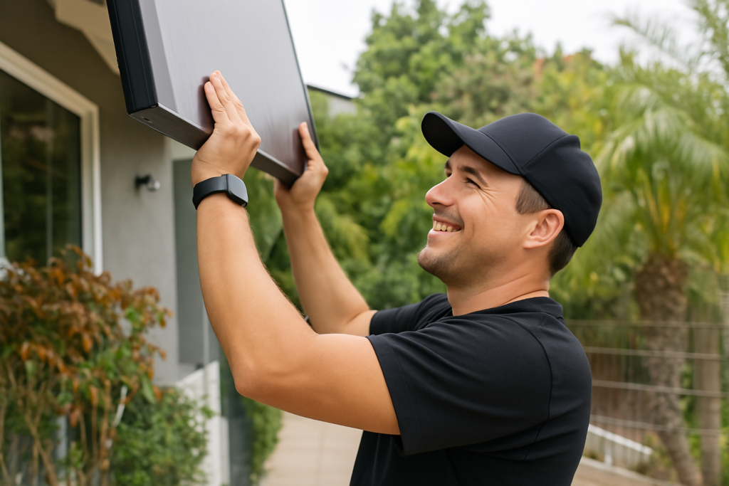 legacy technician handing solar panel to another technician